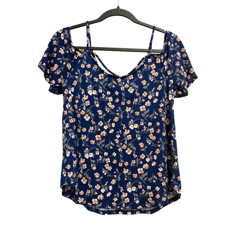 Kaileigh Small Petite Navy Floral Cold Shoulder Flutter Sleeve Top HT6650-6F